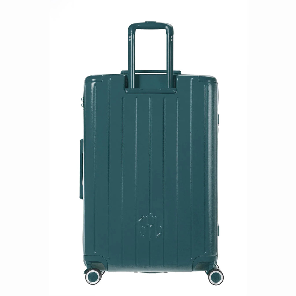 Vue arrière de la valise rigide GYL Intemporelle sapin avec poignées intégrées et roulettes pivotantes. #couleur_sapin