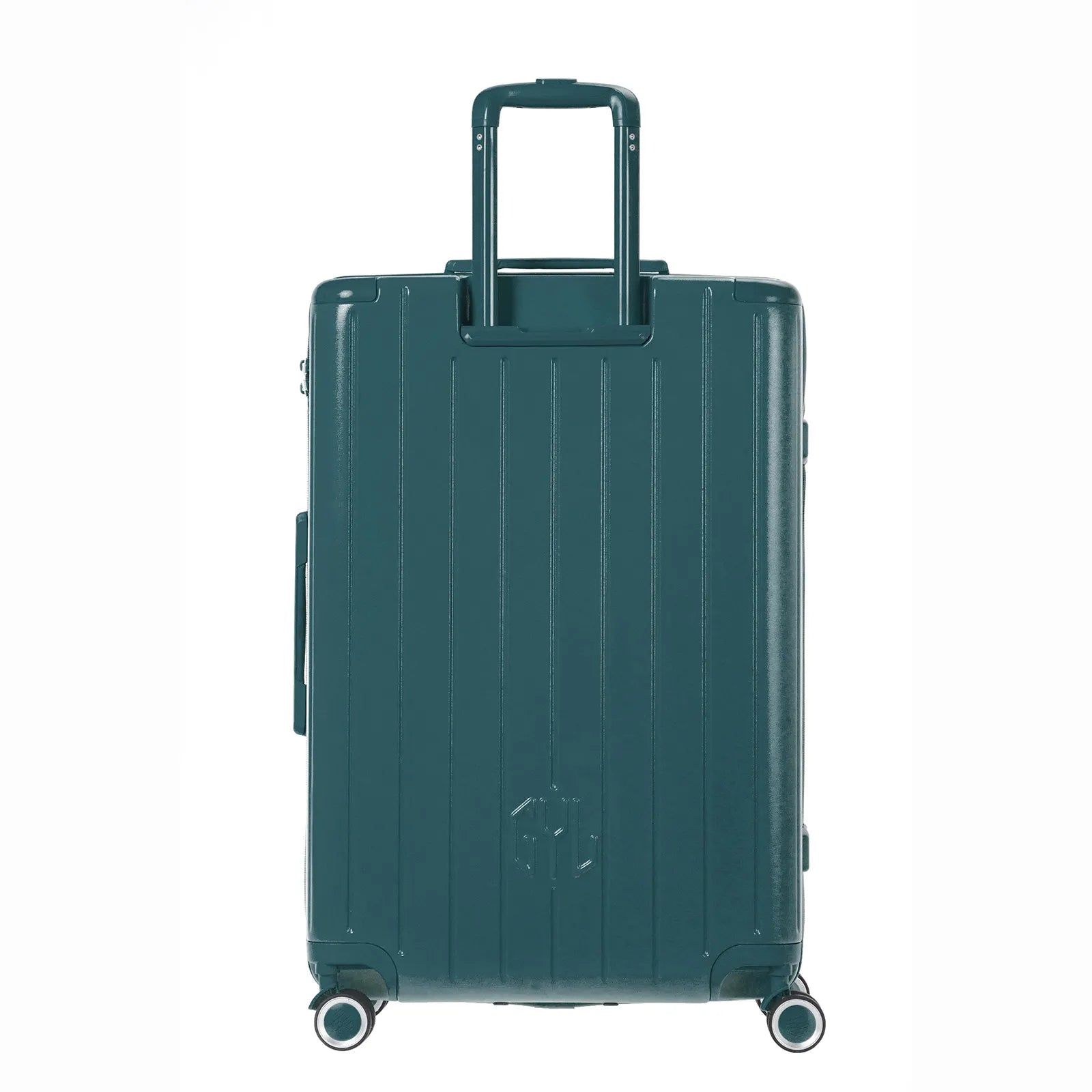 Vue arrière de la valise rigide GYL Intemporelle sapin avec poignées intégrées et roulettes pivotantes. #couleur_sapin
