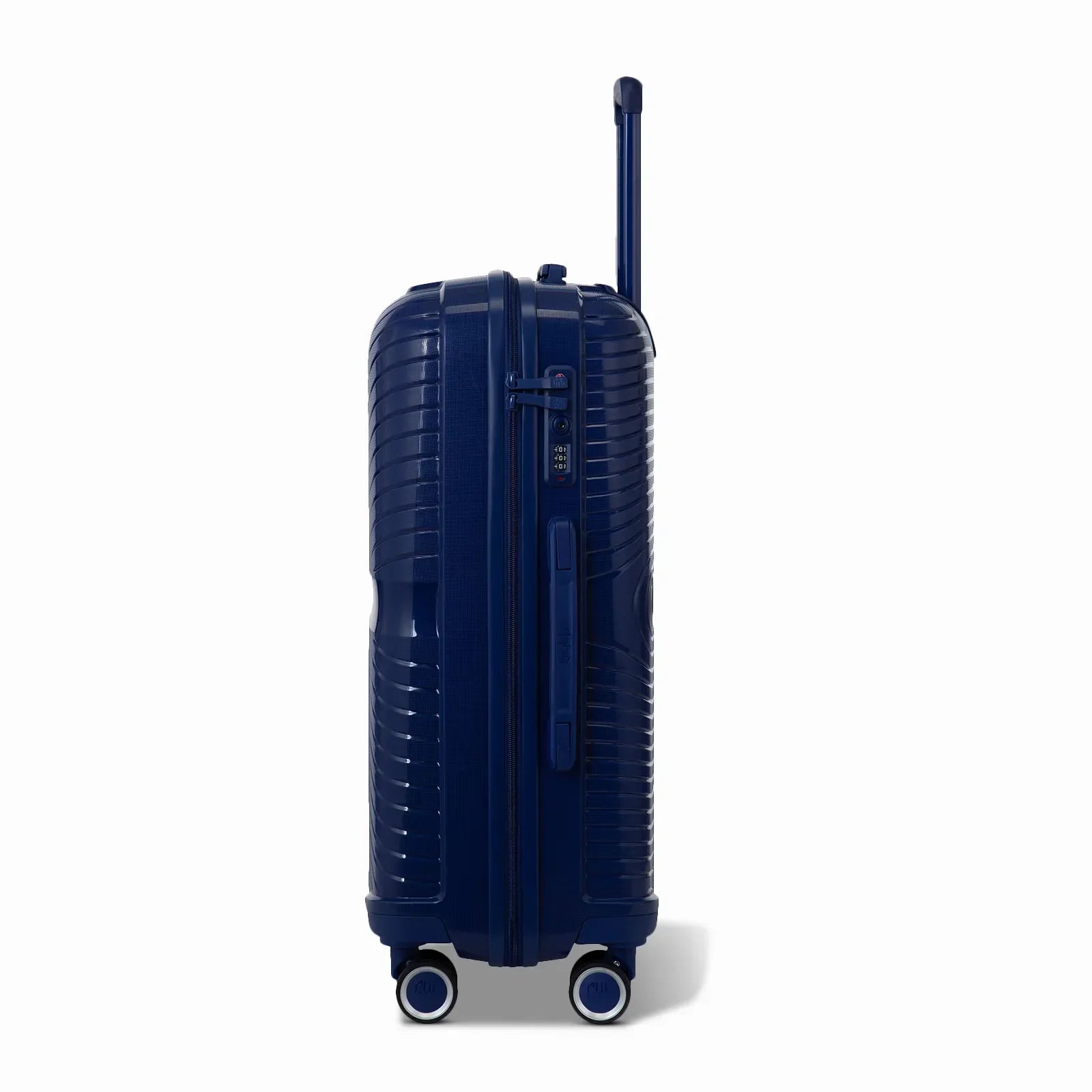 Côté de la valise cabine GYL Signature marine avec serrure TSA intégrée et poignée latérale assortie.  #couleur_marine