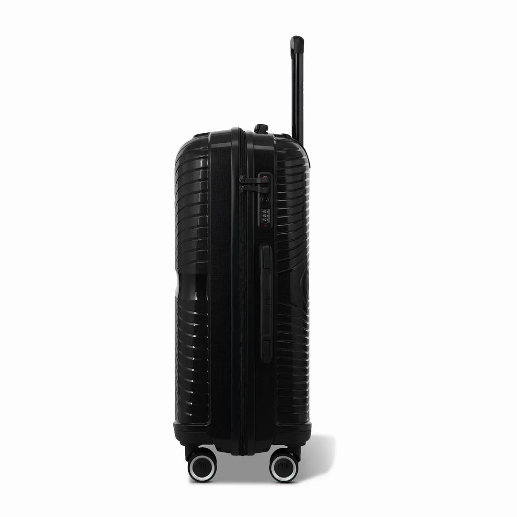Côté de la valise cabine GYL Signature noire avec serrure TSA intégrée et poignée latérale assortie. #couleur_noir