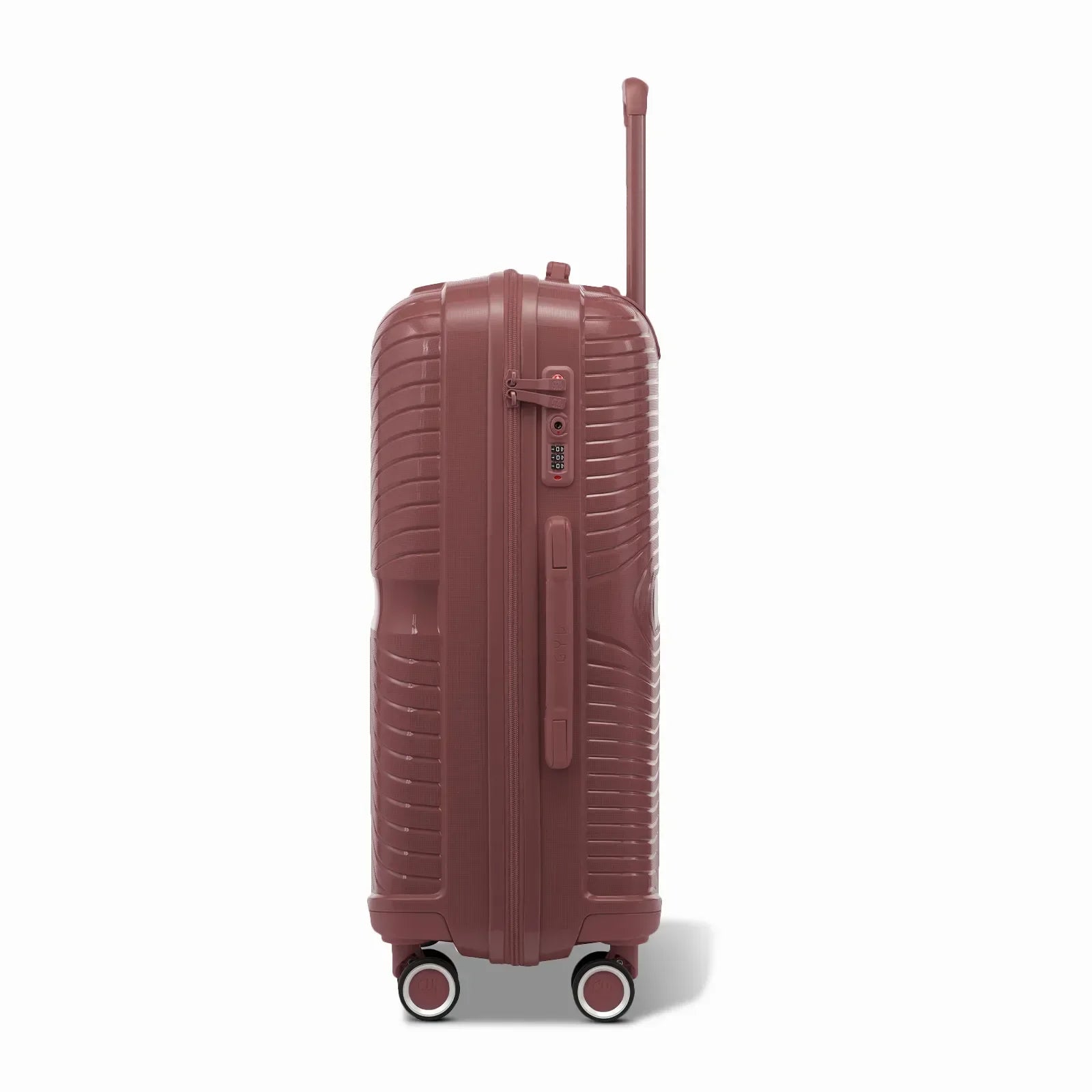 Côté de la valise cabine GYL Signature rose gold avec serrure TSA intégrée et poignée latérale assortie. #couleur_rose gold