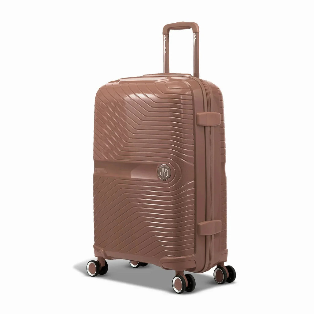 Valise GYL Signature cabine champagne en polypropylène vue de trois quarts, avec trolley déployé et roues doubles 360° #couleur_champagne