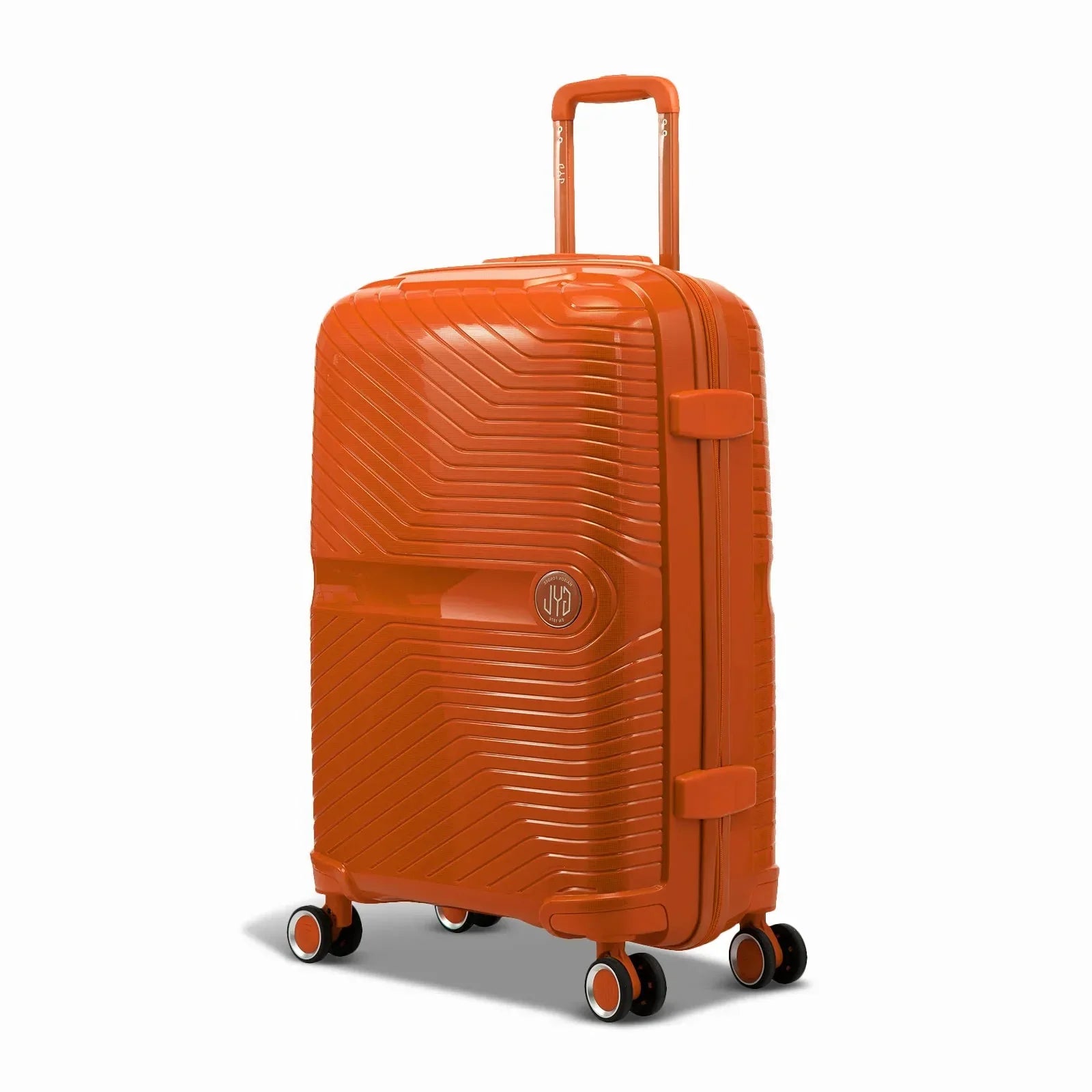 Valise GYL Signature cabine orange en polypropylène vue de trois quarts, avec trolley déployé et roues doubles 360° #couleur_orange
