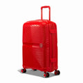 Valise GYL Signature cabine rouge en polypropylène vue de trois quarts, avec trolley déployé et roues doubles 360° #couleur_rouge
