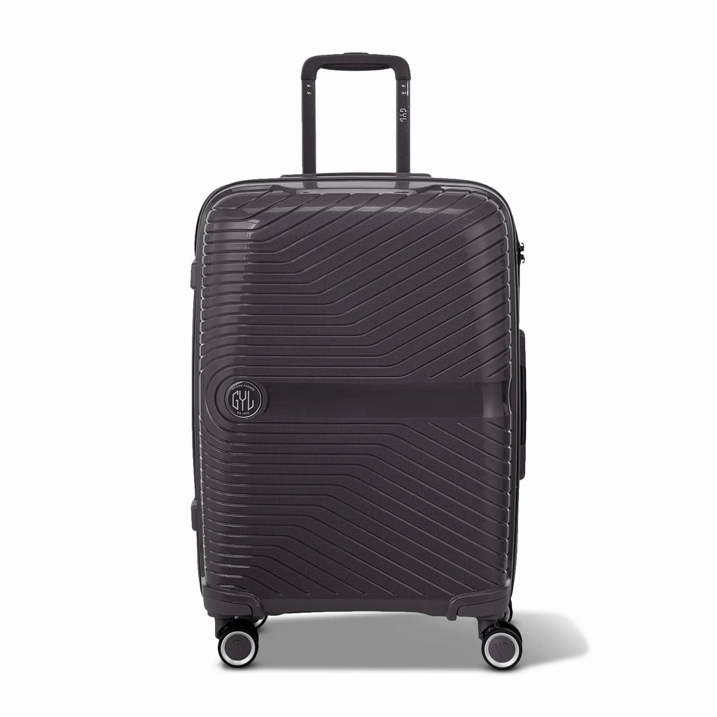 Valise GYL Signature cabine argent en polypropylène vue de face, avec trolley déployé et roues doubles 360° #couleur_argent