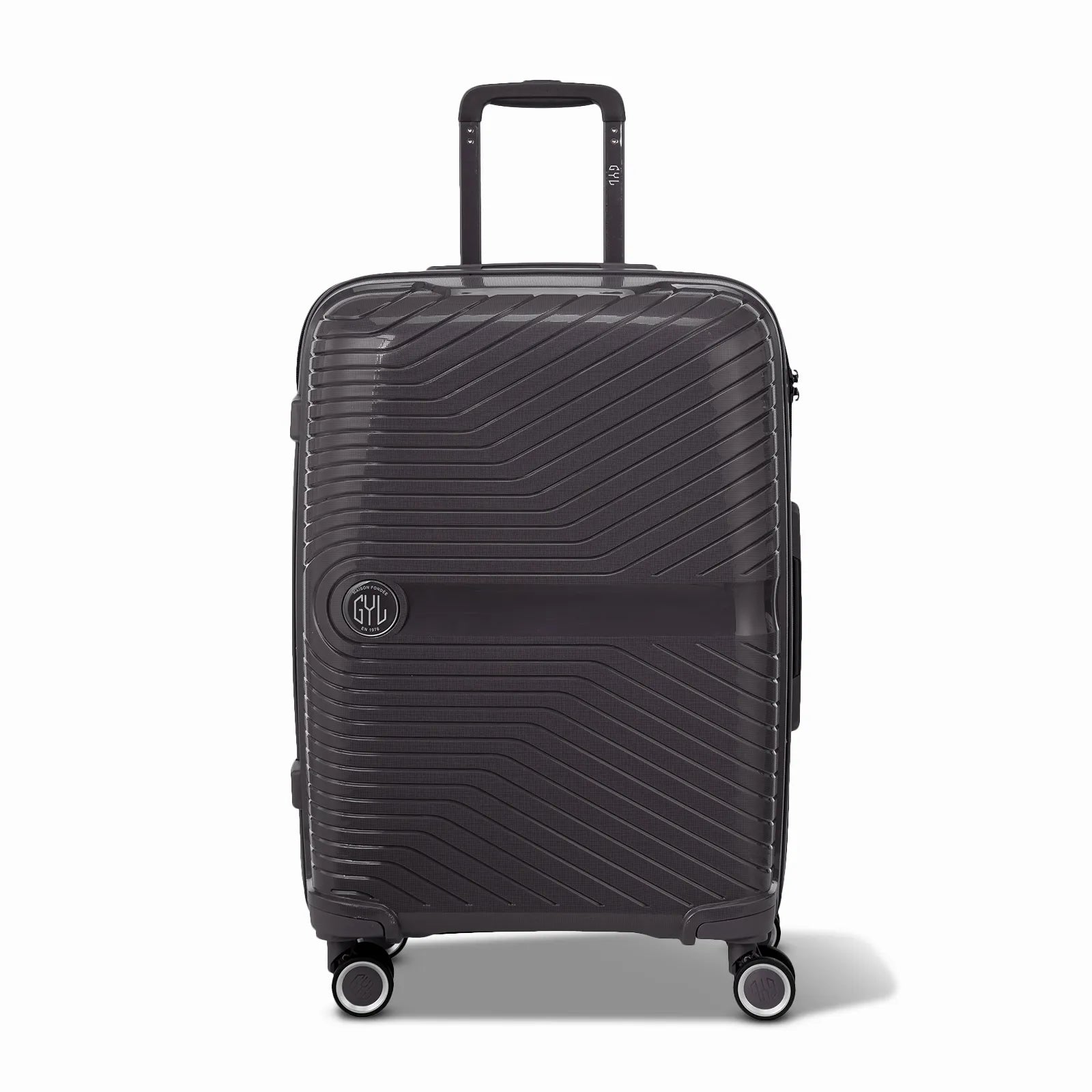 Valise GYL Signature cabine argent en polypropylène vue de face, avec trolley déployé et roues doubles 360° #couleur_argent
