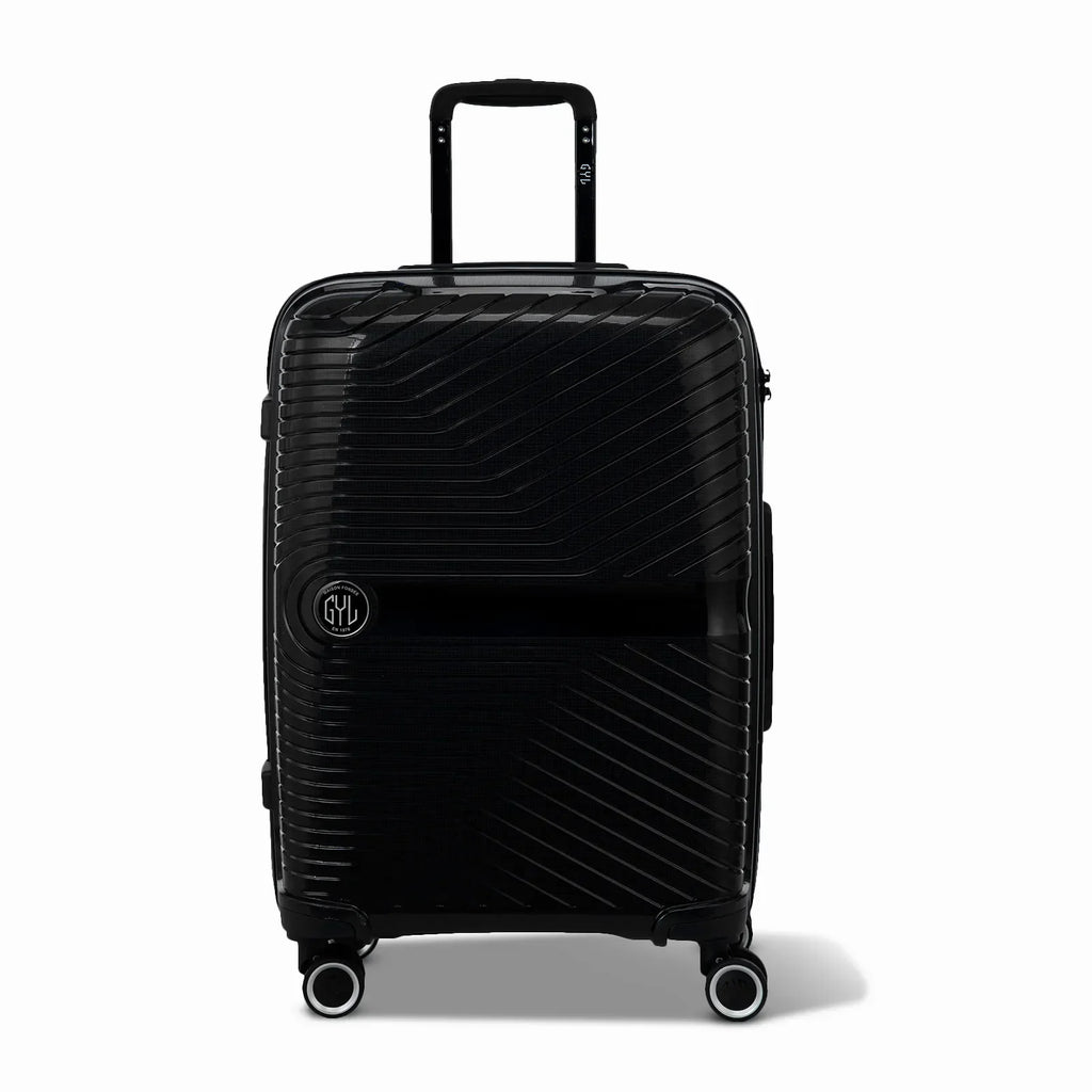 Valise GYL Signature cabine noir en polypropylène vue de face, avec trolley déployé et roues doubles 360° #couleur_noir