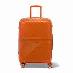 Valise GYL Signature cabine orange en polypropylène vue de face, avec trolley déployé et roues doubles 360° #couleur_orange