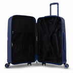 Intérieur de la valise cabine GYL Signature marine, avec sangles croisées et séparateur zippé en tissu.  #couleur_marine