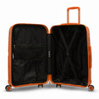 Intérieur de la valise cabine GYL Signature orange, avec sangles croisées et séparateur zippé en tissu. #couleur_orange