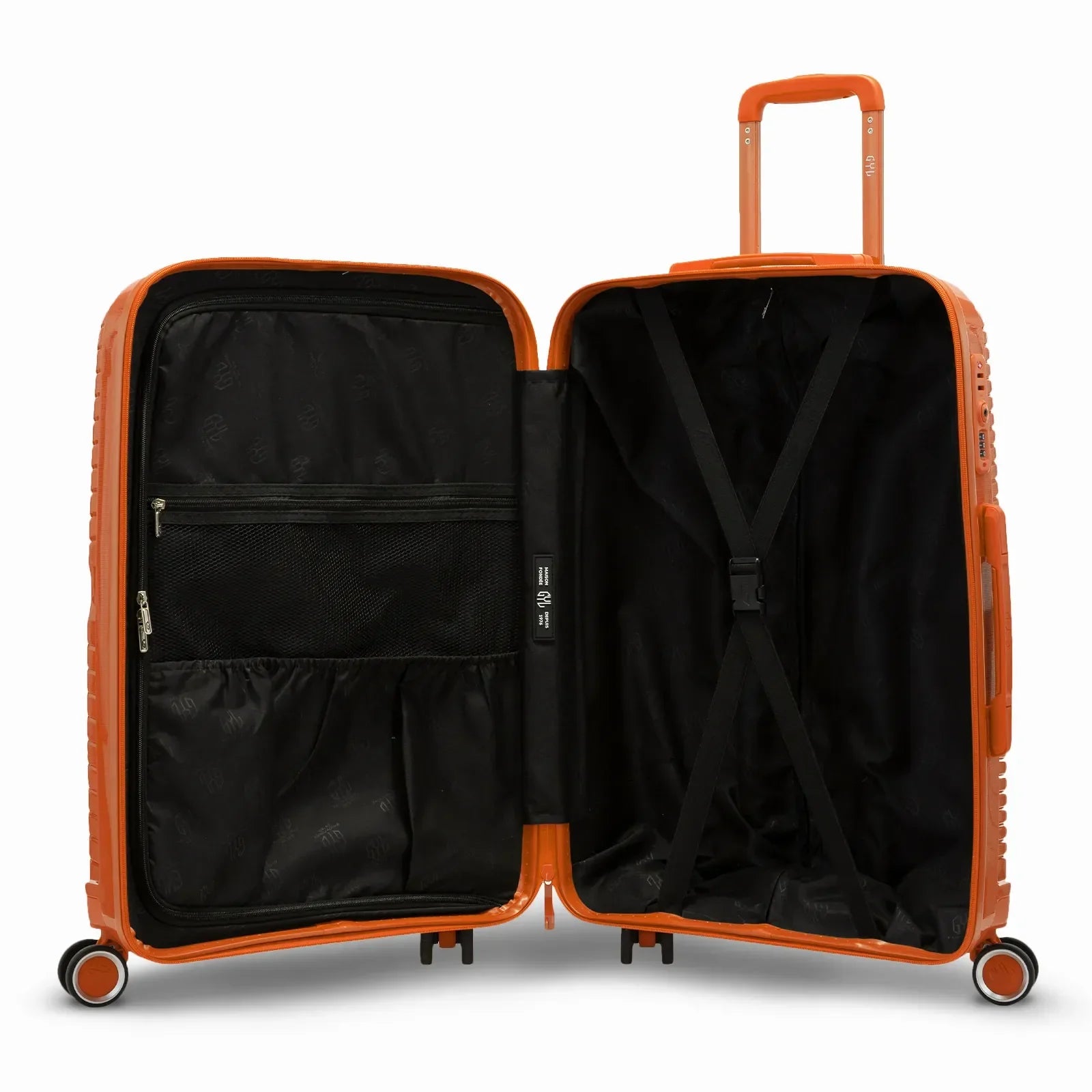 Intérieur de la valise cabine GYL Signature orange, avec sangles croisées et séparateur zippé en tissu. #couleur_orange