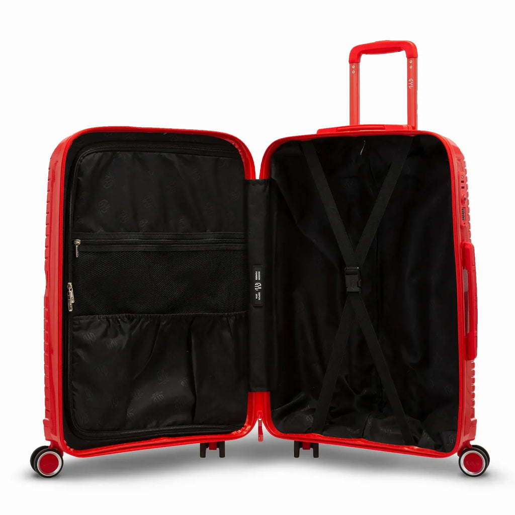 Intérieur de la valise cabine GYL Signature rouge, avec sangles croisées et séparateur zippé en tissu.  #couleur_rouge