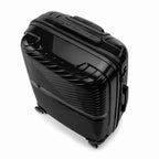 Valise cabine GYL Signature noire vue du dessus en diagonale, montrant la poignée supérieure et la structure nervurée. #couleur_noir