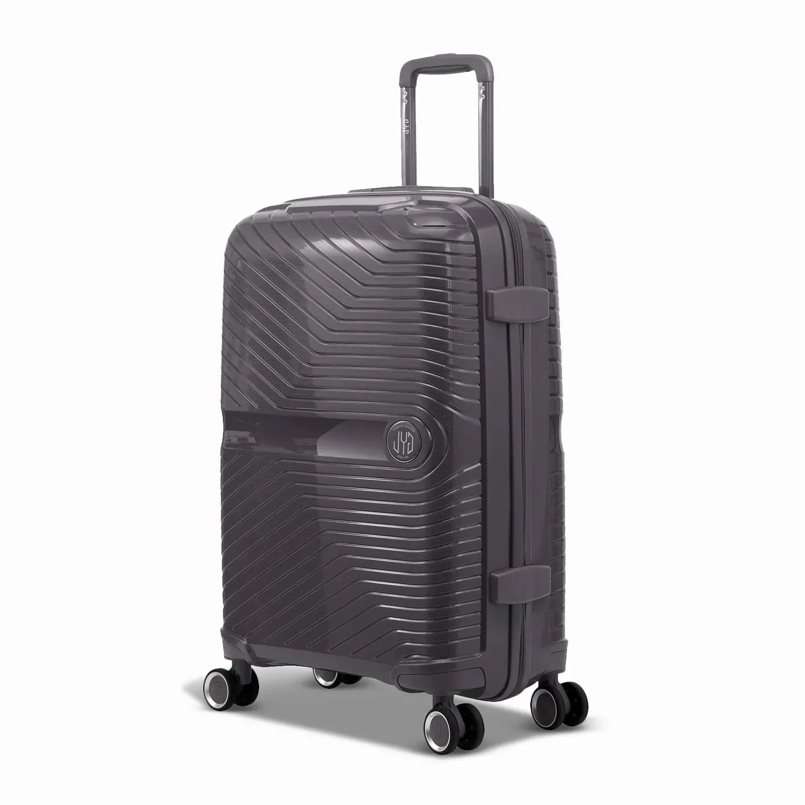 Valise moyenne GYL Signature argent en polypropylène vue de trois quarts, avec trolley déployé et roues doubles 360° #couleur_argent
