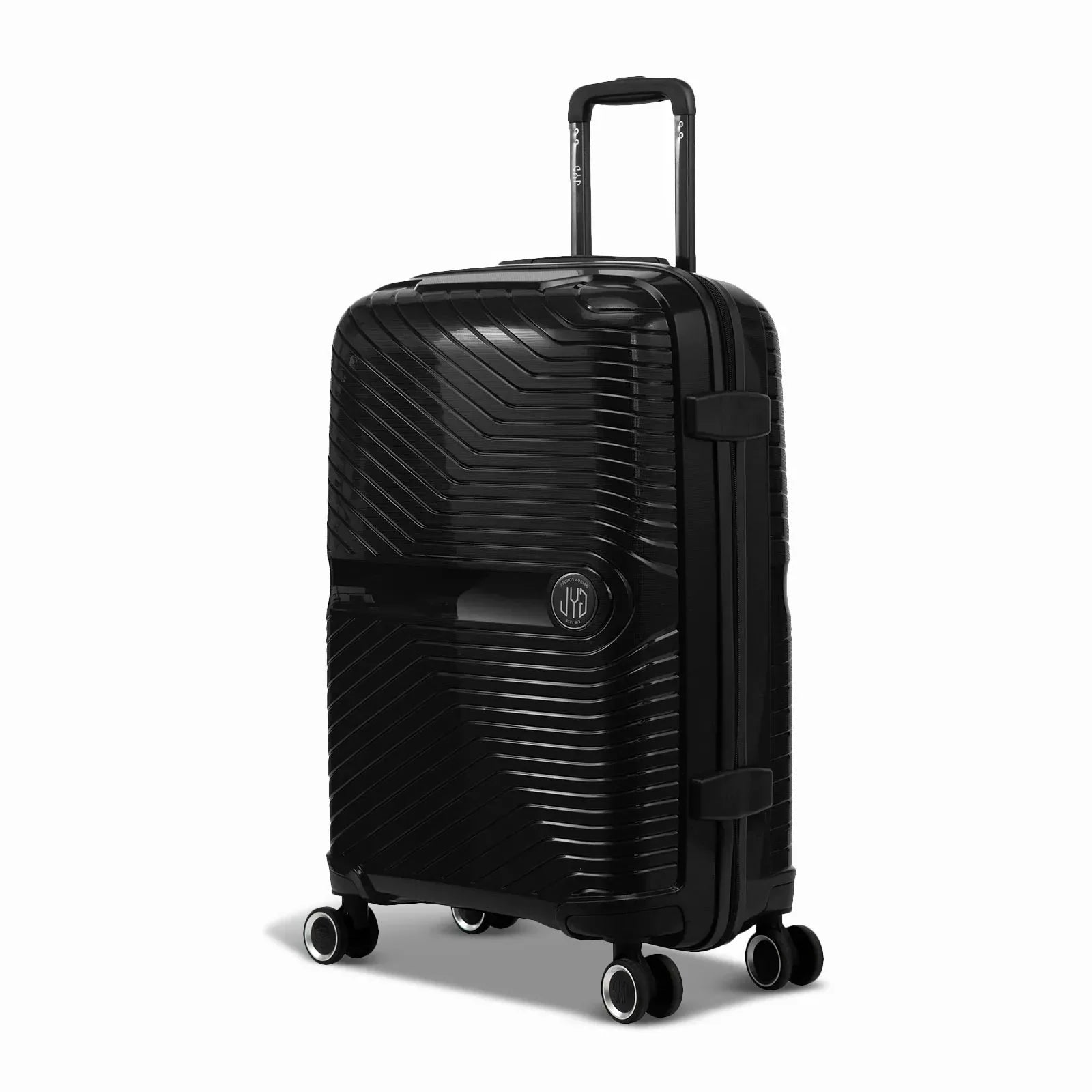 Valise moyenne GYL Signature noire en polypropylène vue de trois quarts, avec trolley déployé et roues doubles 360° #couleur_noir