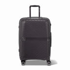 Valise moyenne GYL Signature argent en polypropylène vue de face, avec trolley déployé et roues doubles 360° #couleur_argent