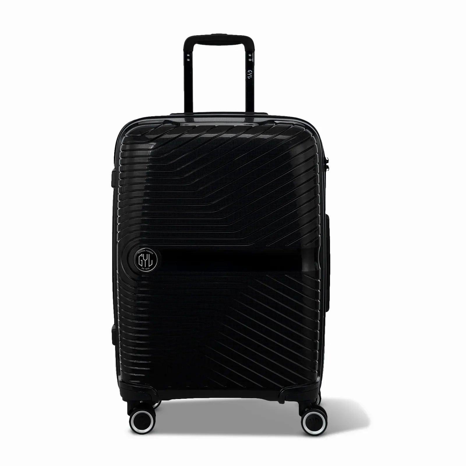 Valise moyenne GYL Signature noire en polypropylène vue de face, avec trolley déployé et roues doubles 360°  #couleur_noir