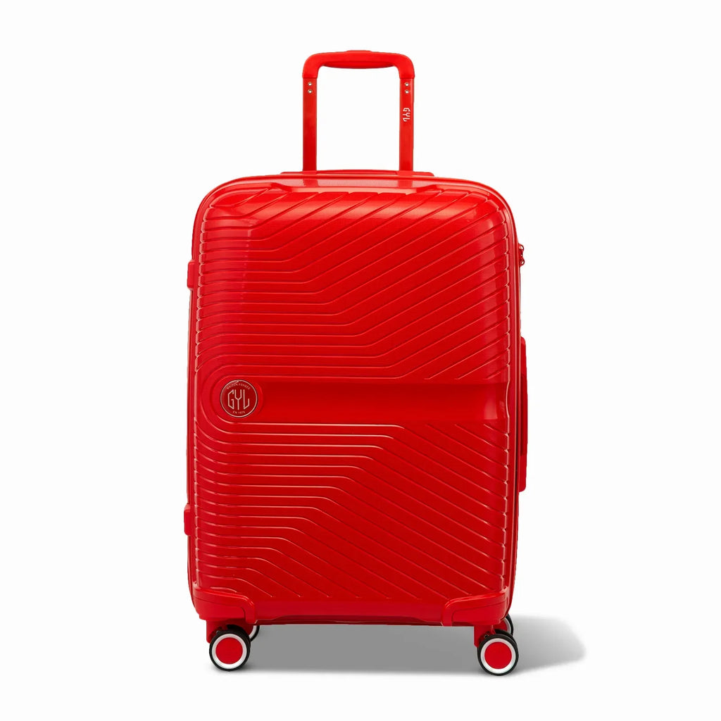 Valise moyenne GYL Signature rouge en polypropylène vue de face, avec trolley déployé et roues doubles 360° #couleur_rouge