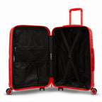 Intérieur de la valise moyenne GYL Signature rouge, avec sangles croisées et séparateur zippé en tissu.  #couleur_rouge