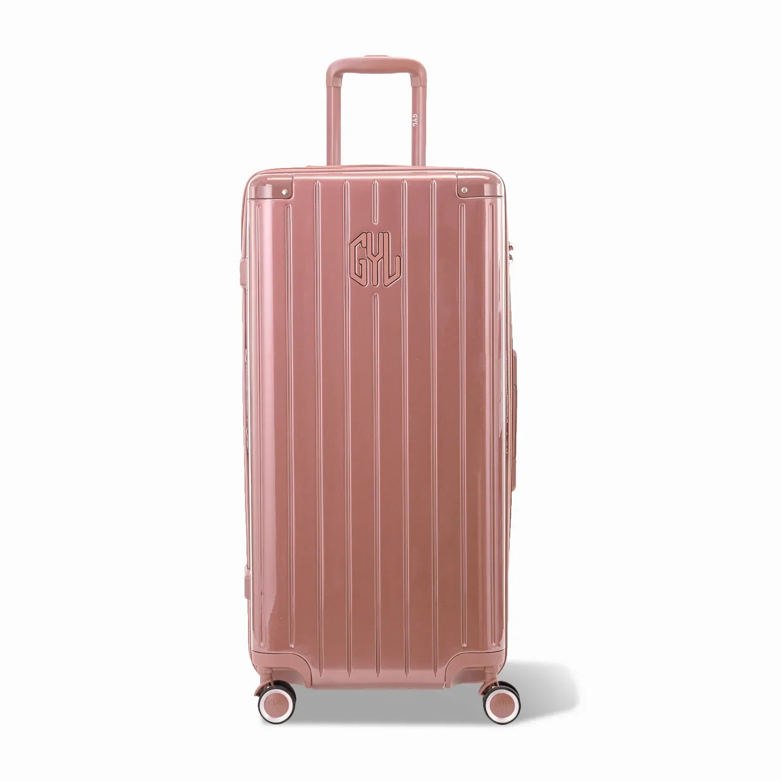 Valise trunk GYL taille XL en polycarbonate rose gold vue de face, avec trolley déployé et roues 360°.  #couleur_rose gold