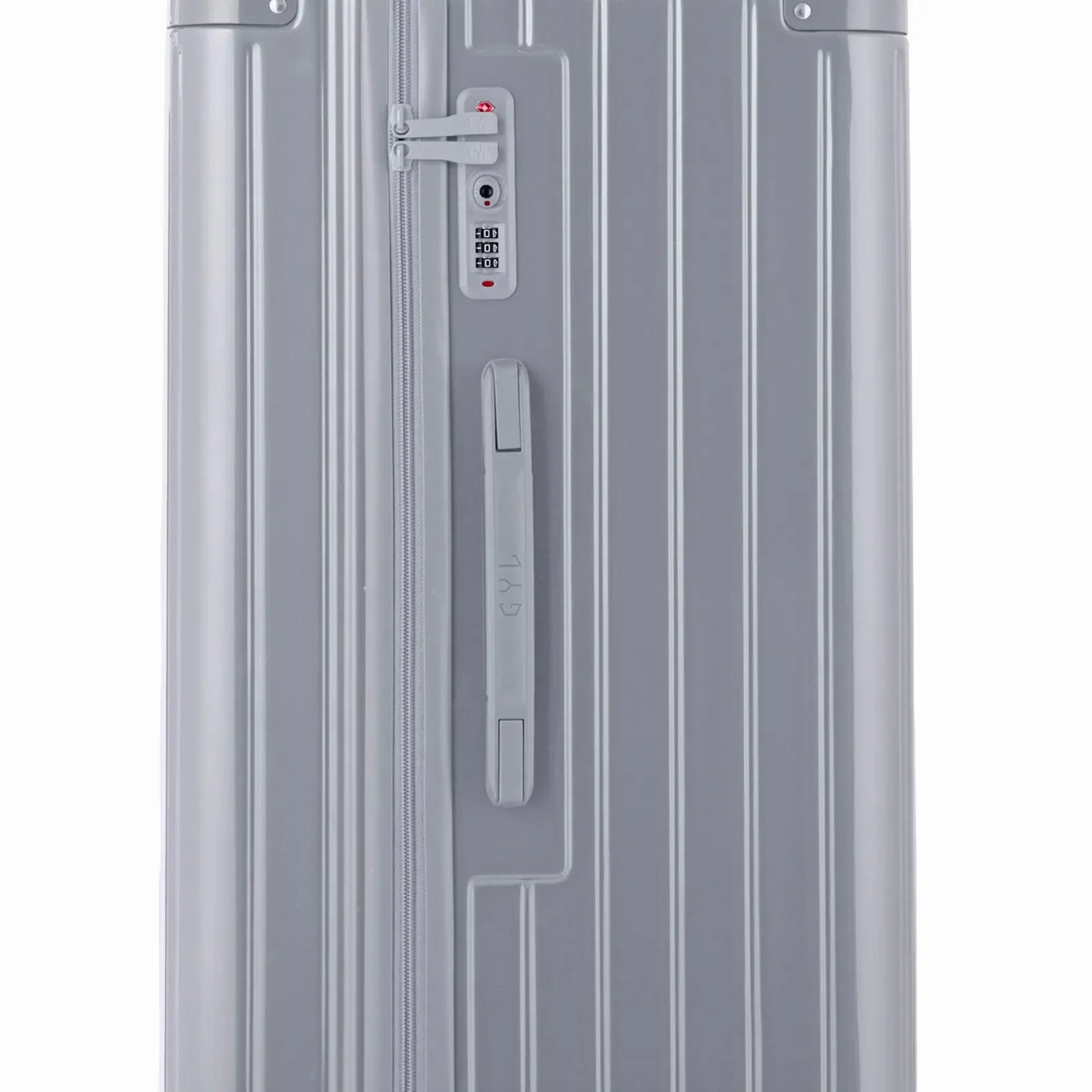 Détail de la serrure TSA et de la poignée latérale sur la valise trunk argent. #couleur_argent