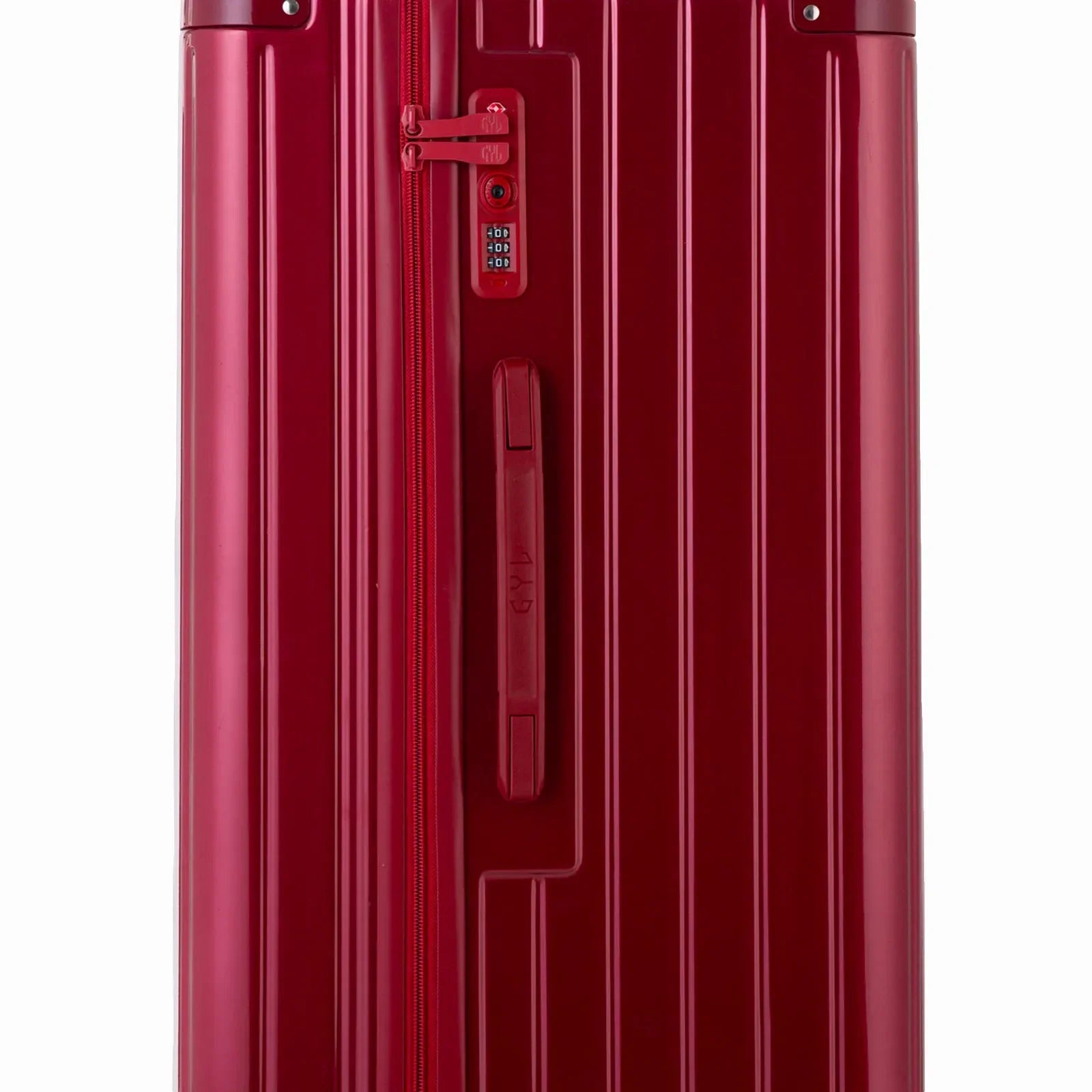 Détail de la serrure TSA et de la poignée latérale sur la valise trunk rouge foncé. #couleur_rouge foncé
