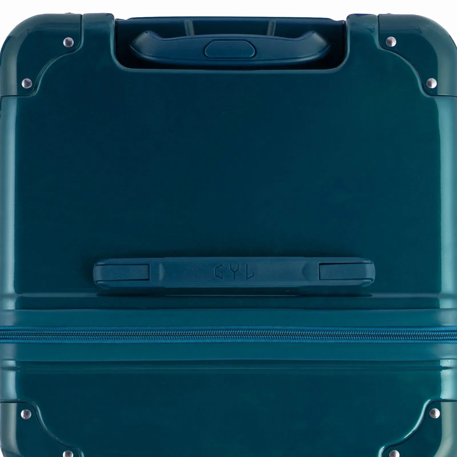 Vue du dessus de la valise trunk GYL sapin en polycarbonate, avec poignée centrale et coins renforcés. #couleur_sapin