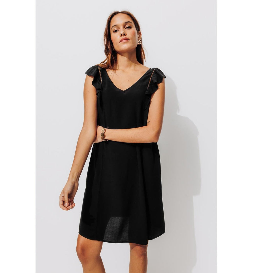Robe Courte Évasée Femme - Noir Uni Fonce
