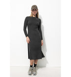 Robe Longue Côtelée Femme - Gris Uni Fonce