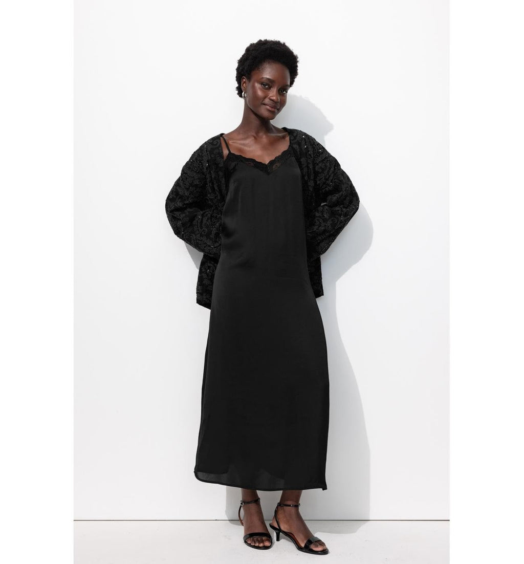 Robe Longue en Satin Femme - Noir Uni Fonce