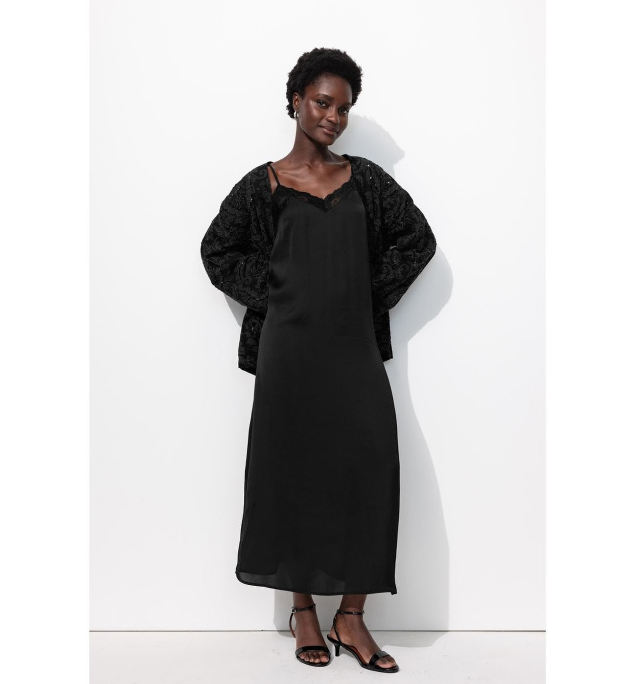 Robe Longue en Satin Femme - Noir Uni Fonce
