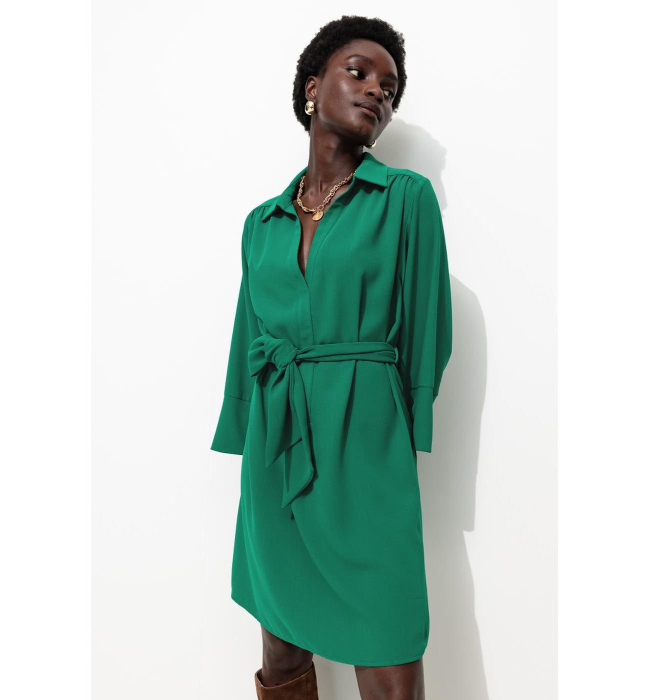 Robe Courte Ceinturée Femme - Vert Uni Colore