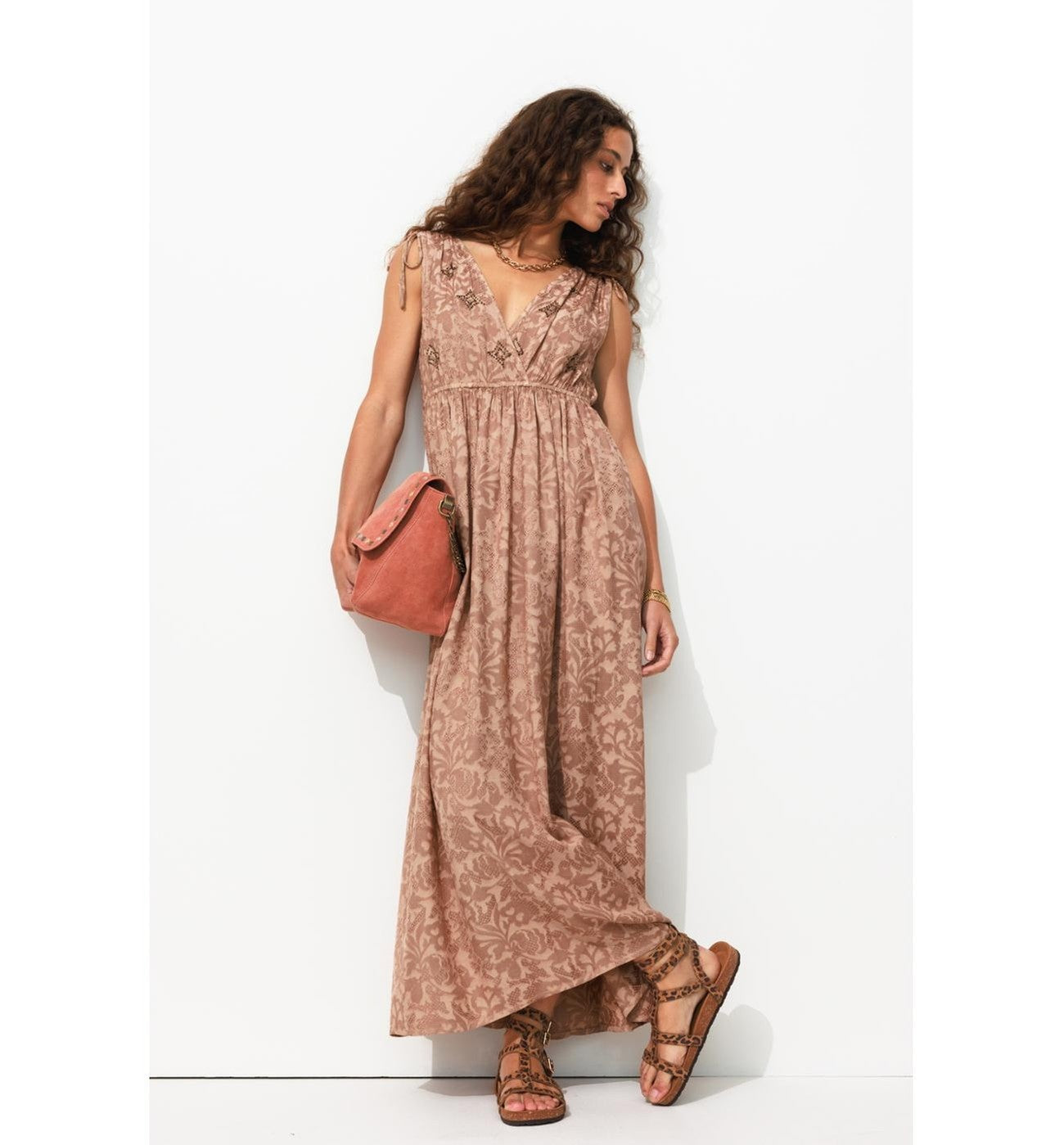Robe Brodée sans Manches Femme - Rose Uni Colore