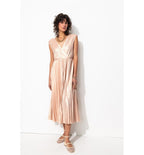 Robe Midi Plissée Lamée Femme - Rose Uni Colore
