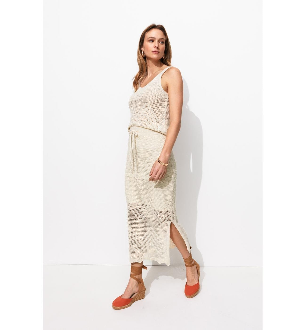 Jupe Midi en Maille Filet - Naturel Uni Clair