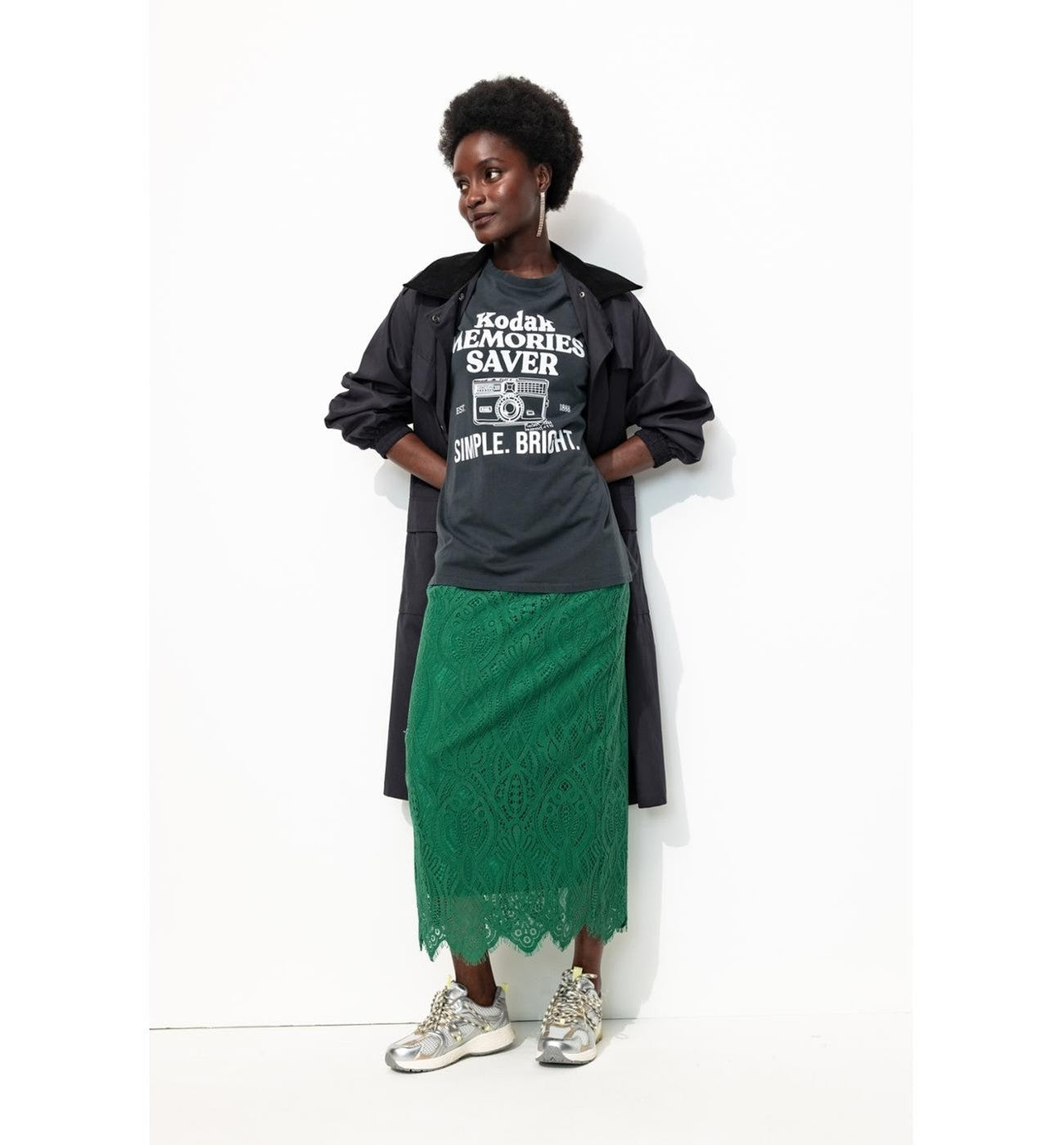 Jupe Longue en Guipure Femme - Vert Uni Colore