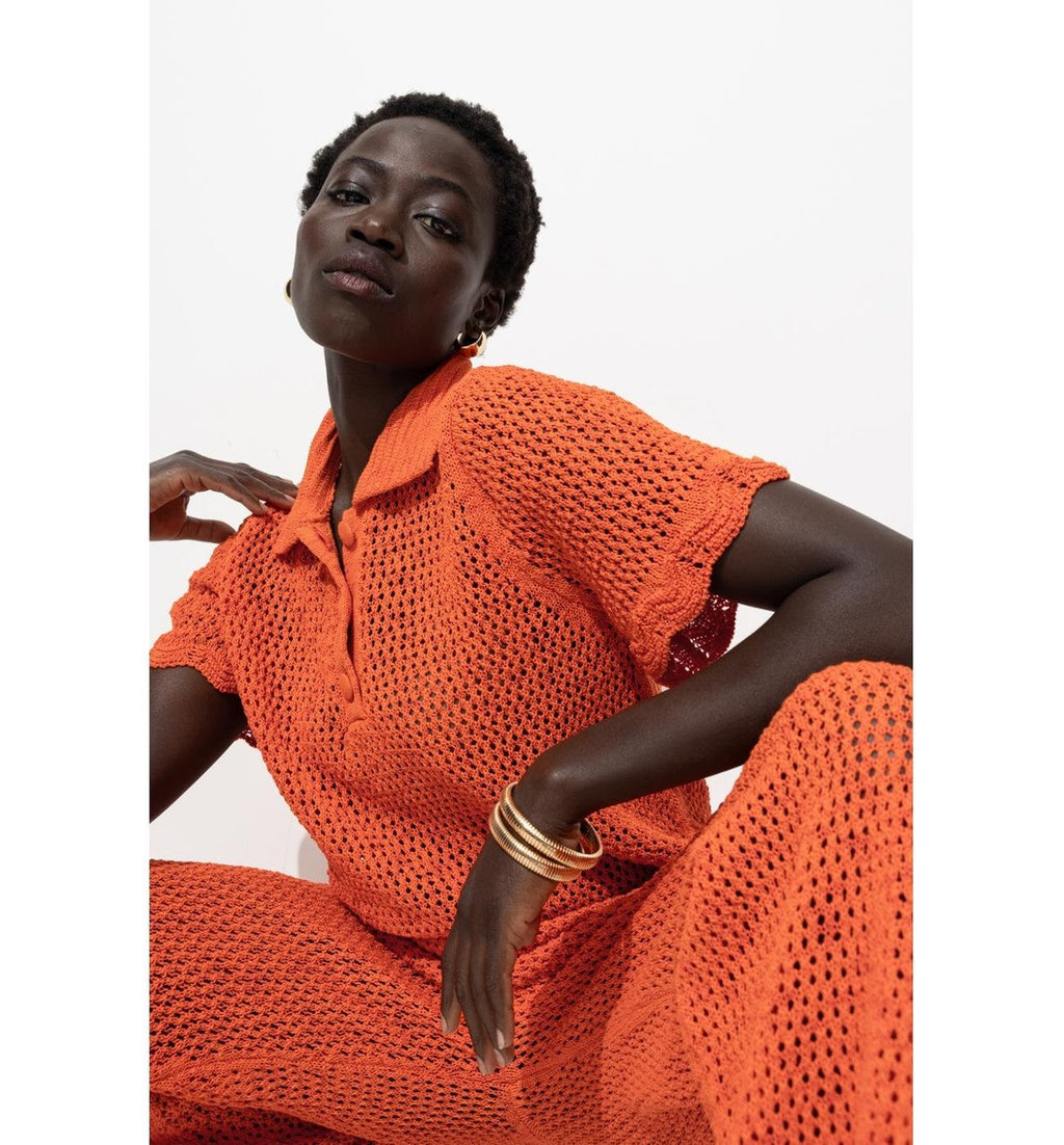 Pull Polo en Crochet Femme - Orange Uni Colore