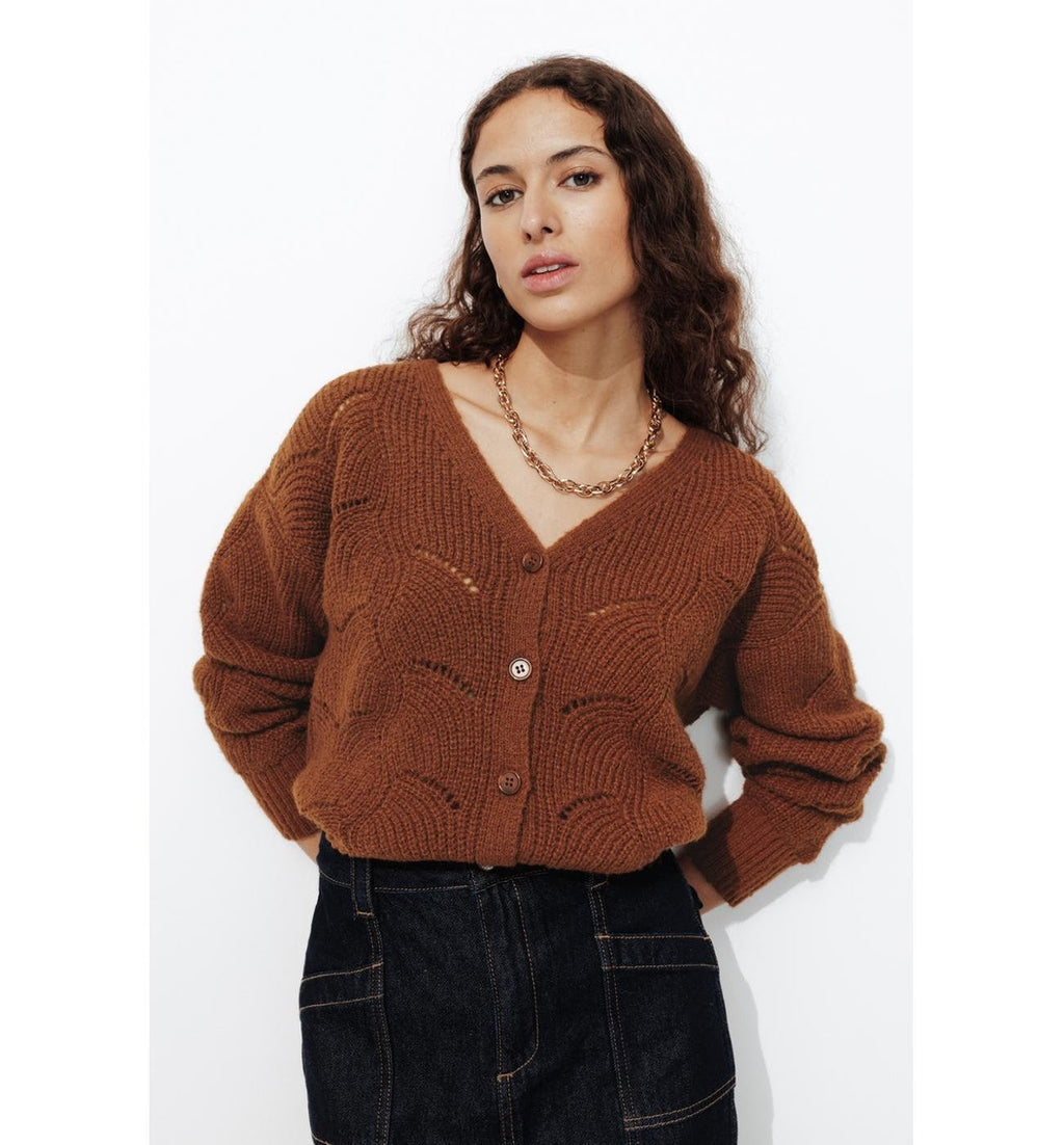 Cardigan Torsadé Femme - Marron Uni Fonce