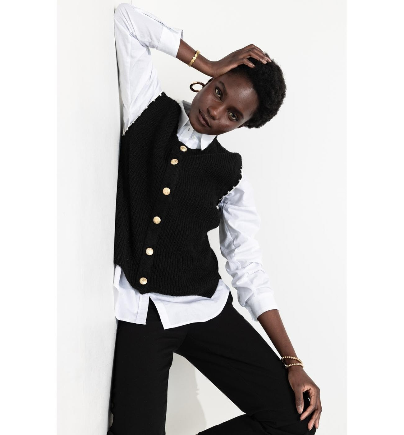 Cardigan sans Manches Femme - Noir Uni Fonce