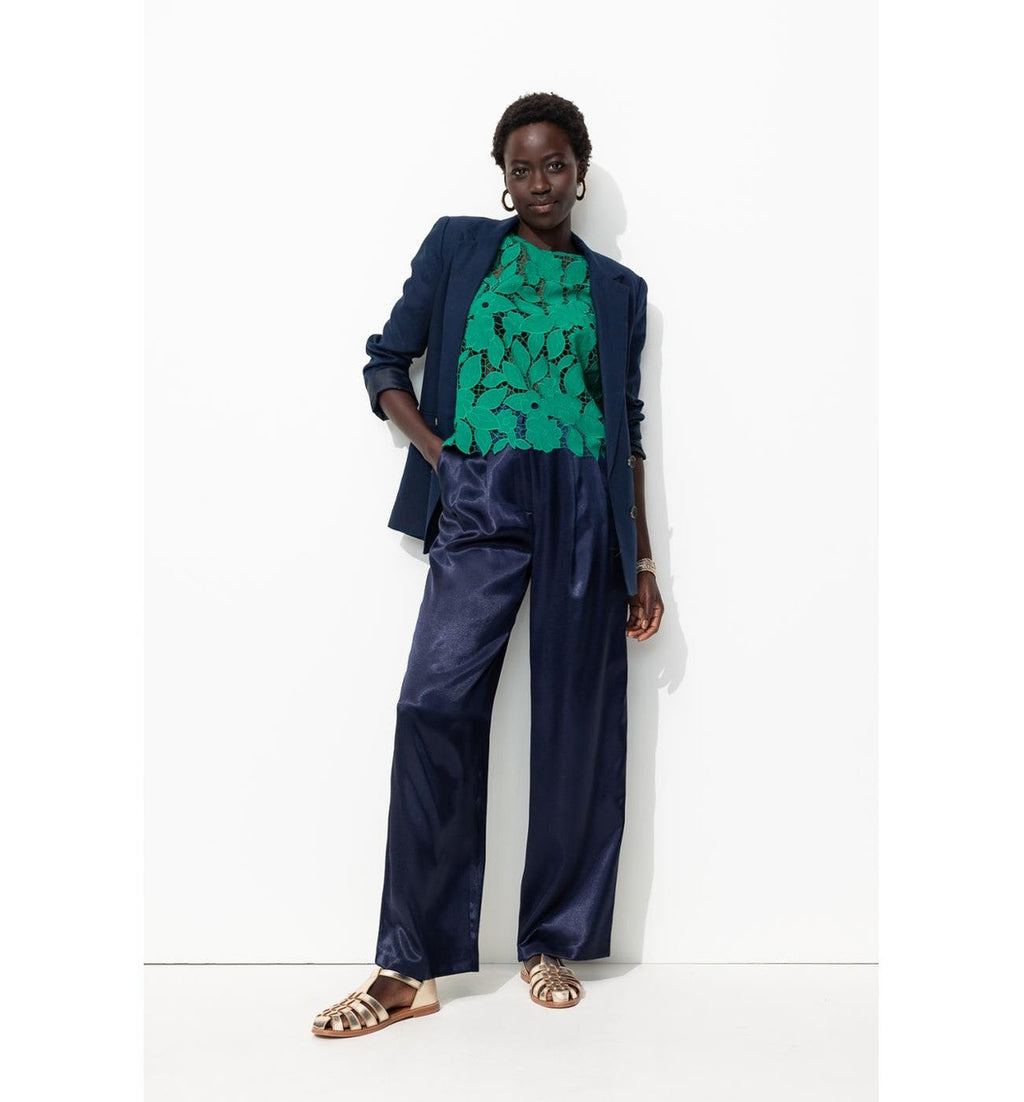 Billy Pantalon en Satin Femme - Bleu Uni Fonce