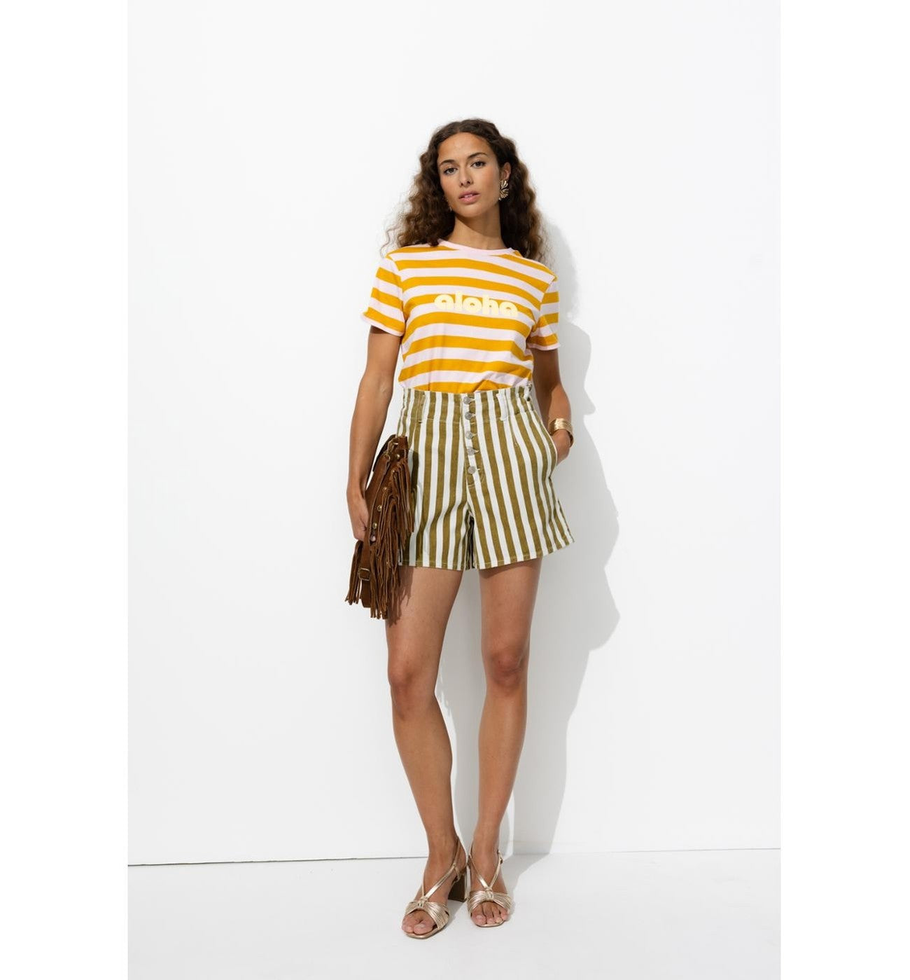 Short Rayé à Boutons Apparents - Kaki Raye