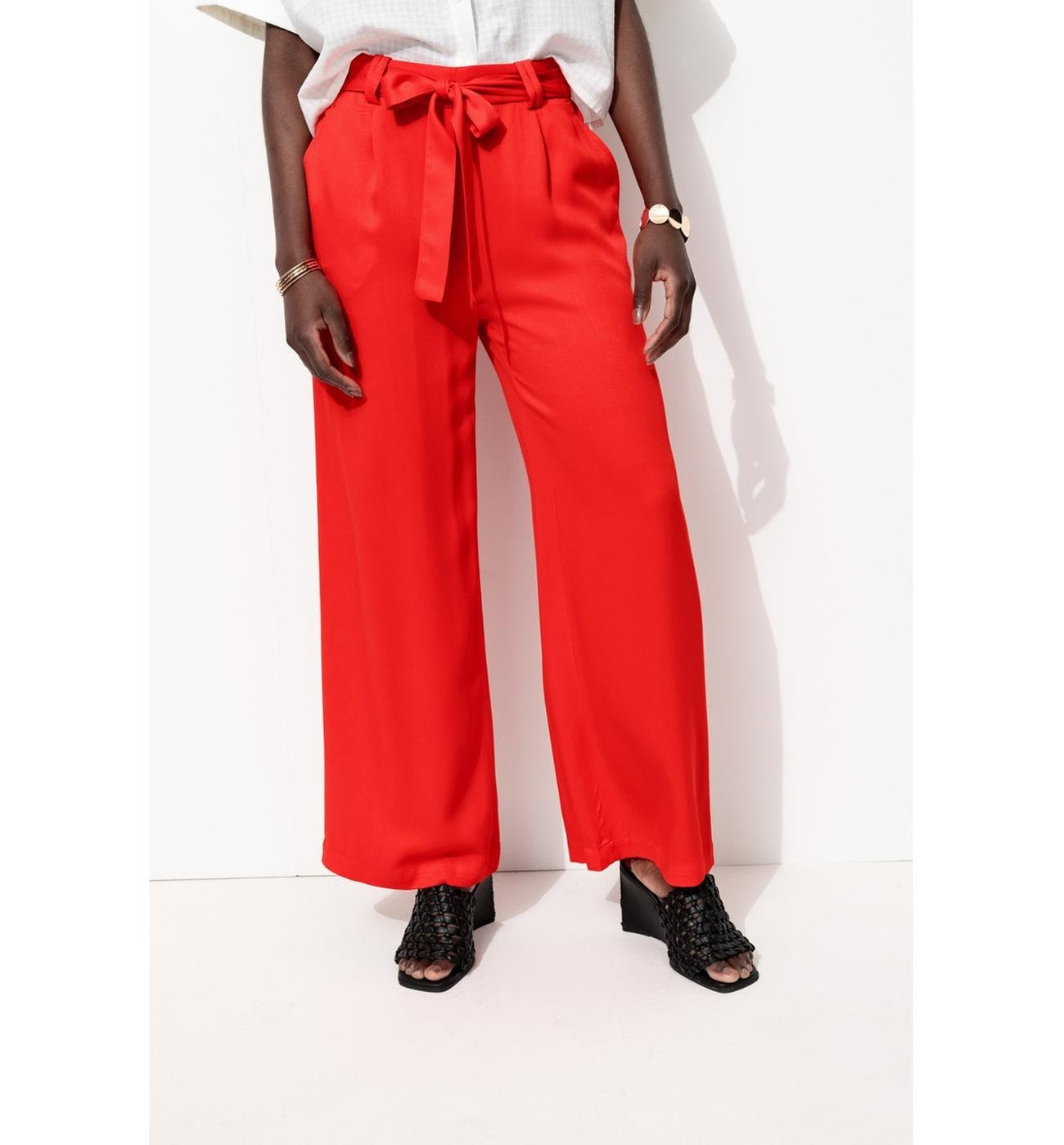 Pantalon Large Taille Haute - Rouge Uni Colore