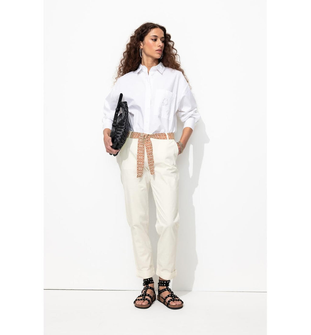 Pantalon Chino Ceinturé Femme - Blanc Uni Clair