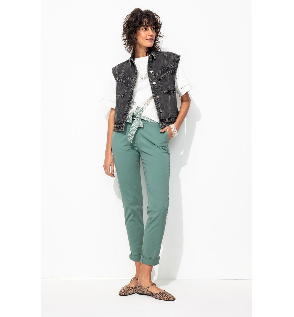 Pantalon Chino Ceinturé Femme - Gris Uni Fonce