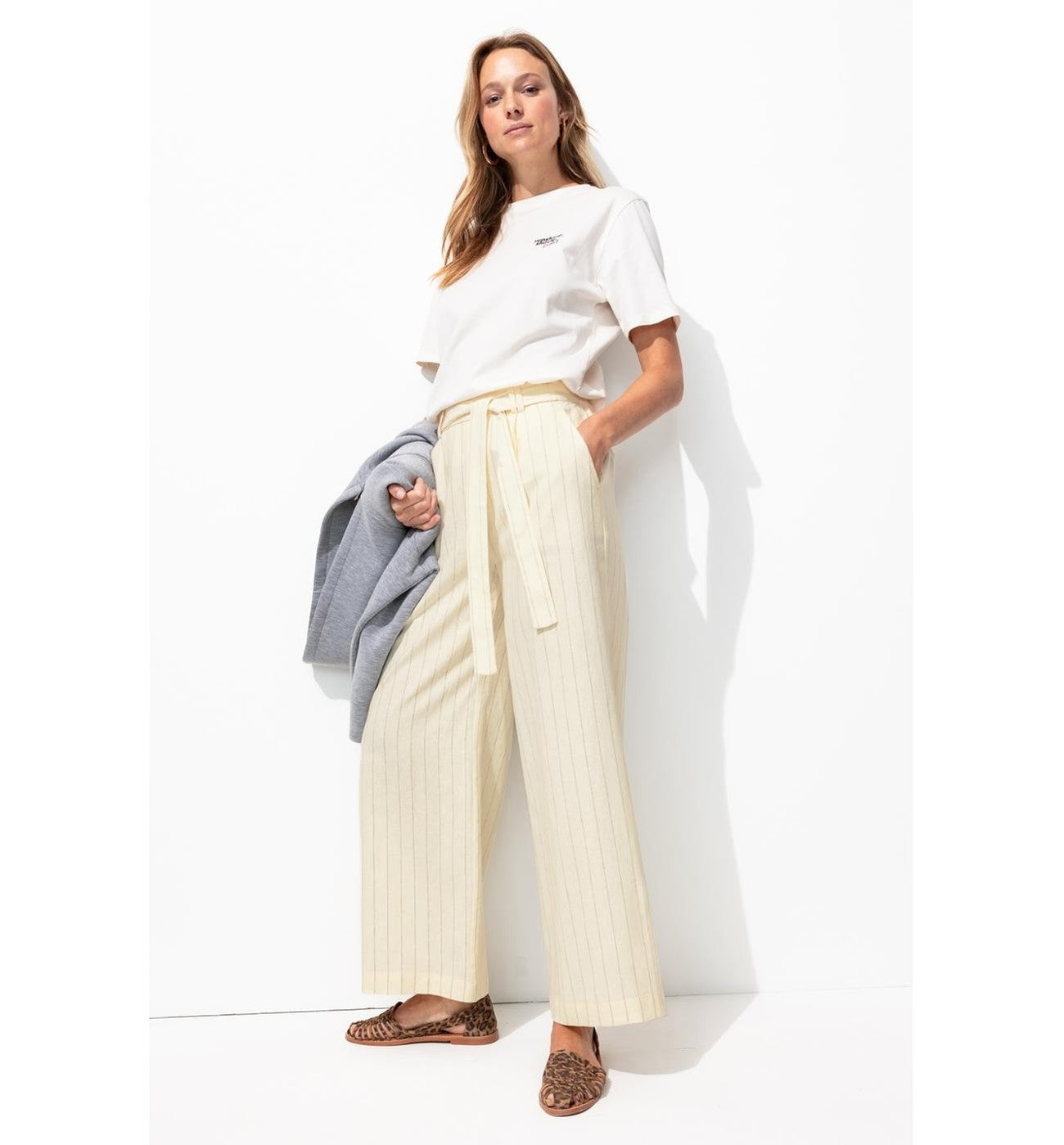 Pantalon Large en Lin Mélangé - Naturel Raye