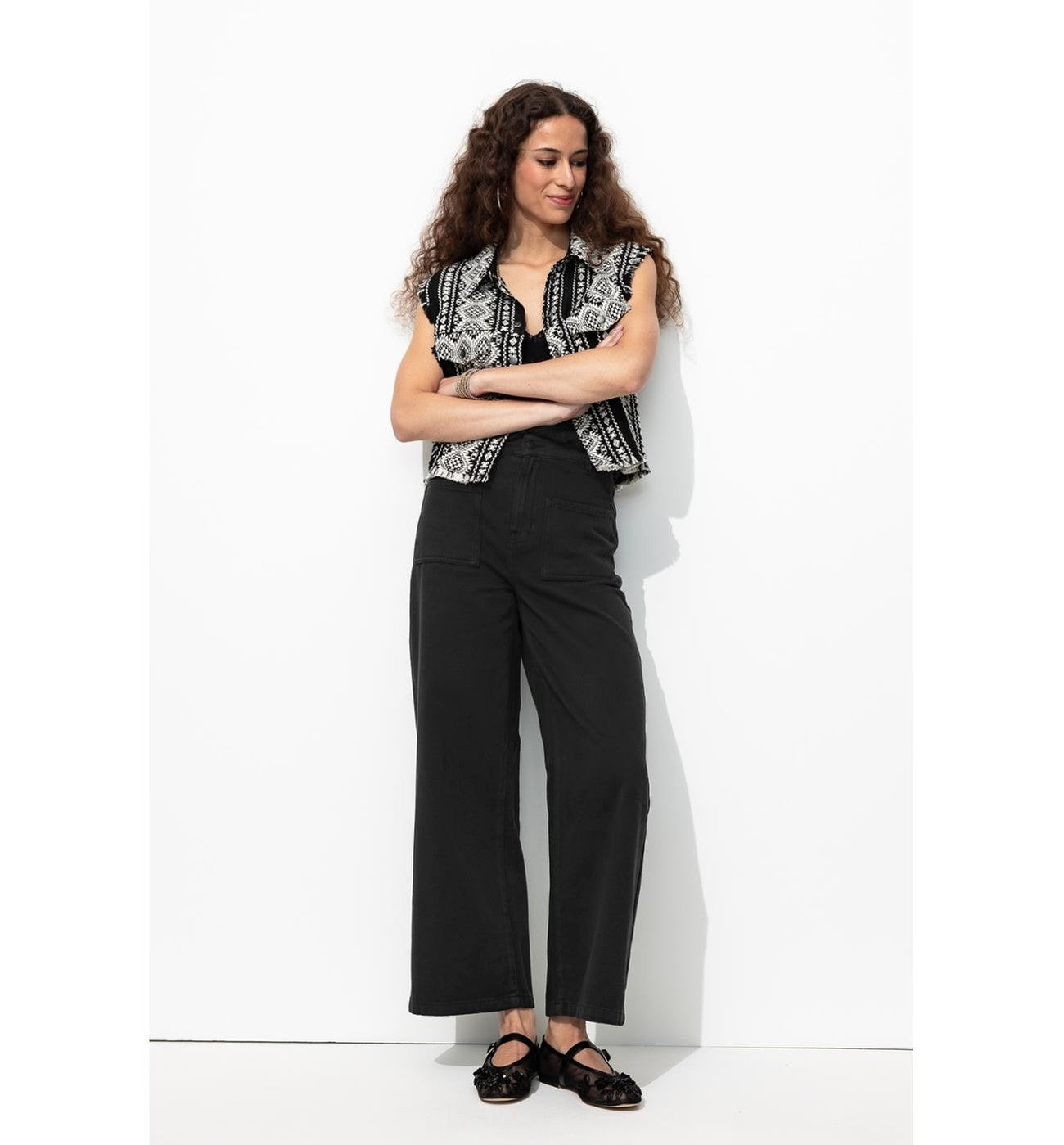 Pantalon Large en Coton Femme - Noir Uni Fonce