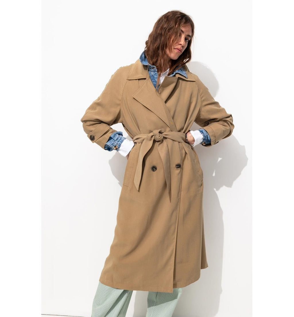 Trench Long Ceinturé Femme - Grège Uni Clair