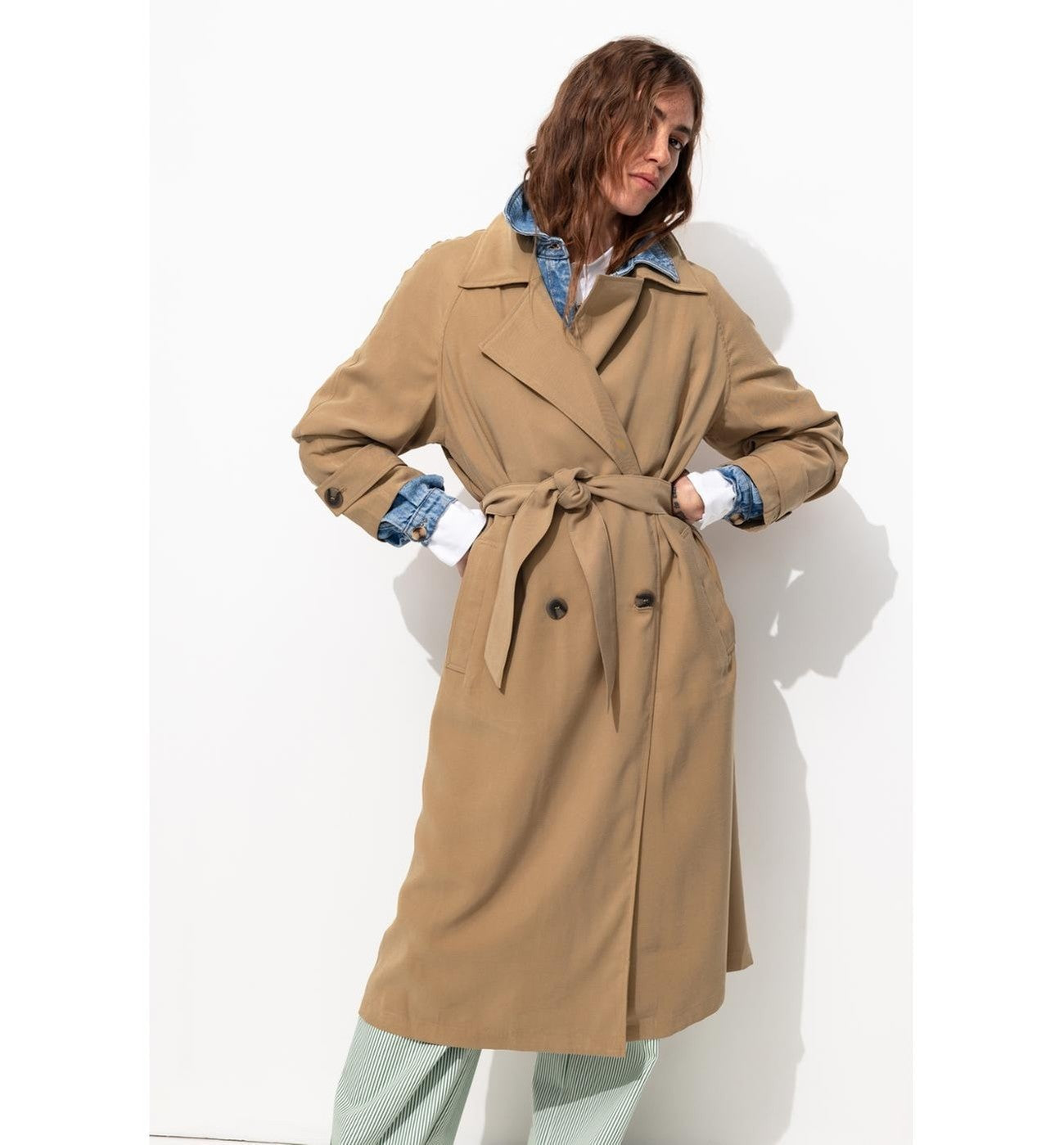 Trench Long Ceinturé Femme - Grège Uni Clair
