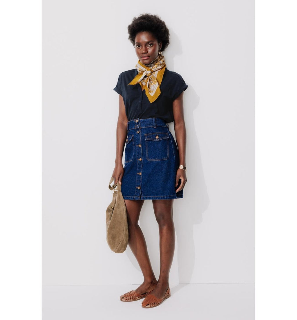 T-shirt Col Tunisien Femme - Bleu Uni Fonce