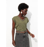 T-shirt Détail Dentelle Femme - Kaki Uni Fonce